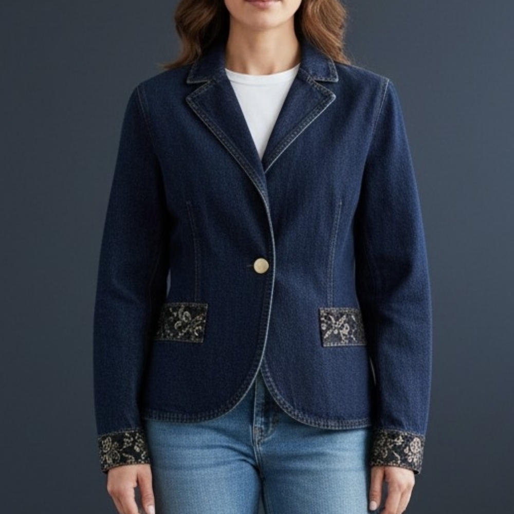 VTG FOCUS LIFESTYLE 1990s Floral Metallic Brocade Denim Jean Jacket